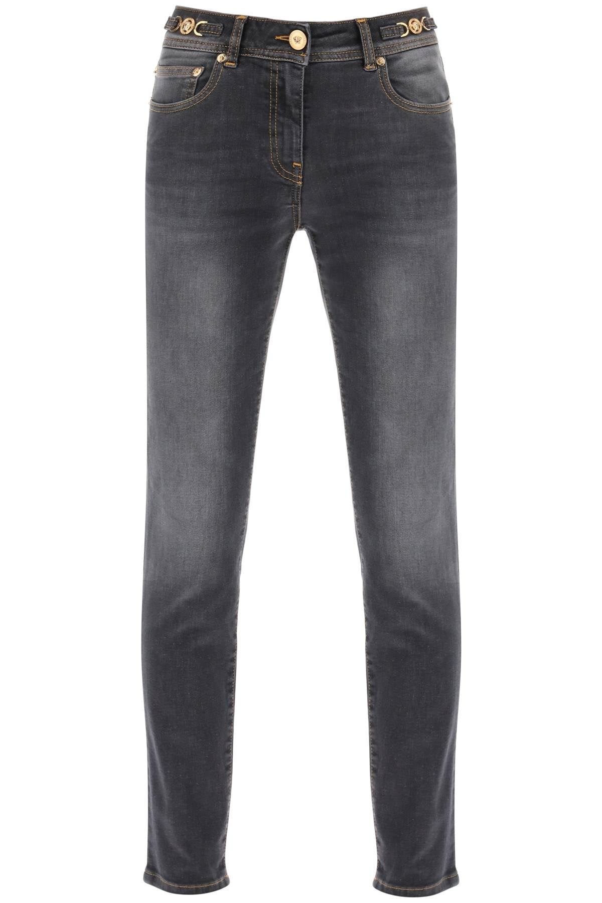 VERSACE Stone-washed Stretch Cotton Denim Skinny Jeans with Gold-Tone Metal Details