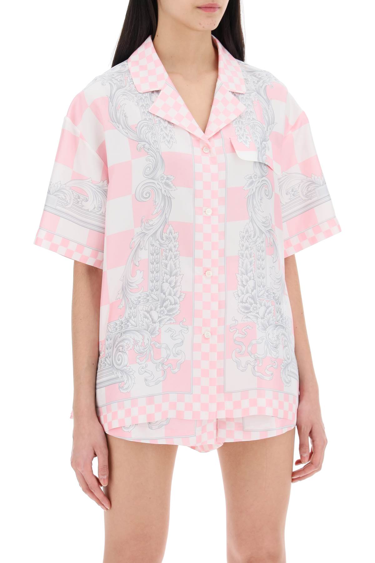 VERSACE Baroque Checkered Silk Shirt for Women in Pink and Purple