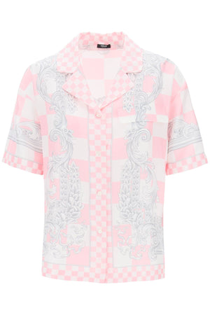 VERSACE Baroque Damier Printed Silk Bowling Shirt in Pink for Women