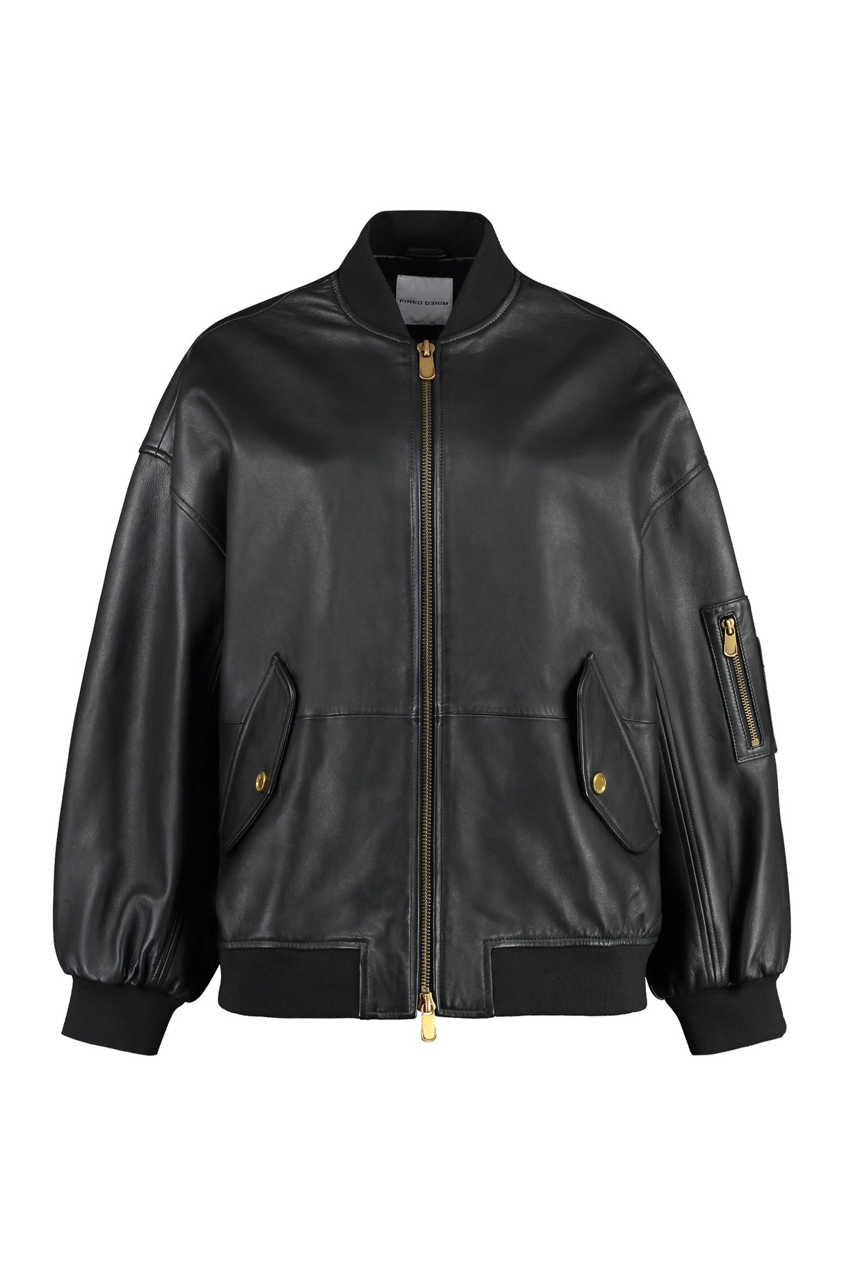 Black Leather Jacket with Zippered Pocket and Ribbed Edges