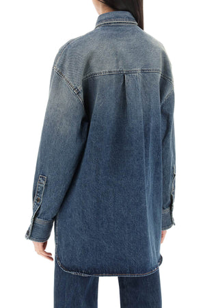 KHAITE Women's Mahmet Overshirt: Medium Vintage Wash Denim, Asymmetrical Hem, Flap Pockets