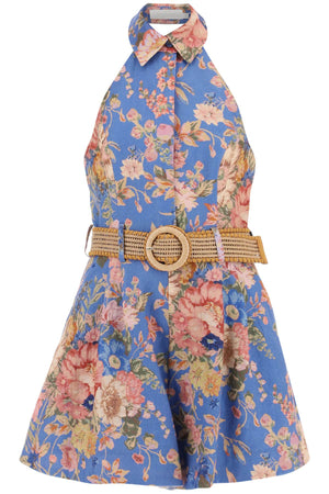 藍色花卉圖案麻料短連身衣女裝
