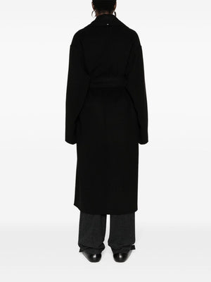 黑色羊毛外套带可拆卸腰带
