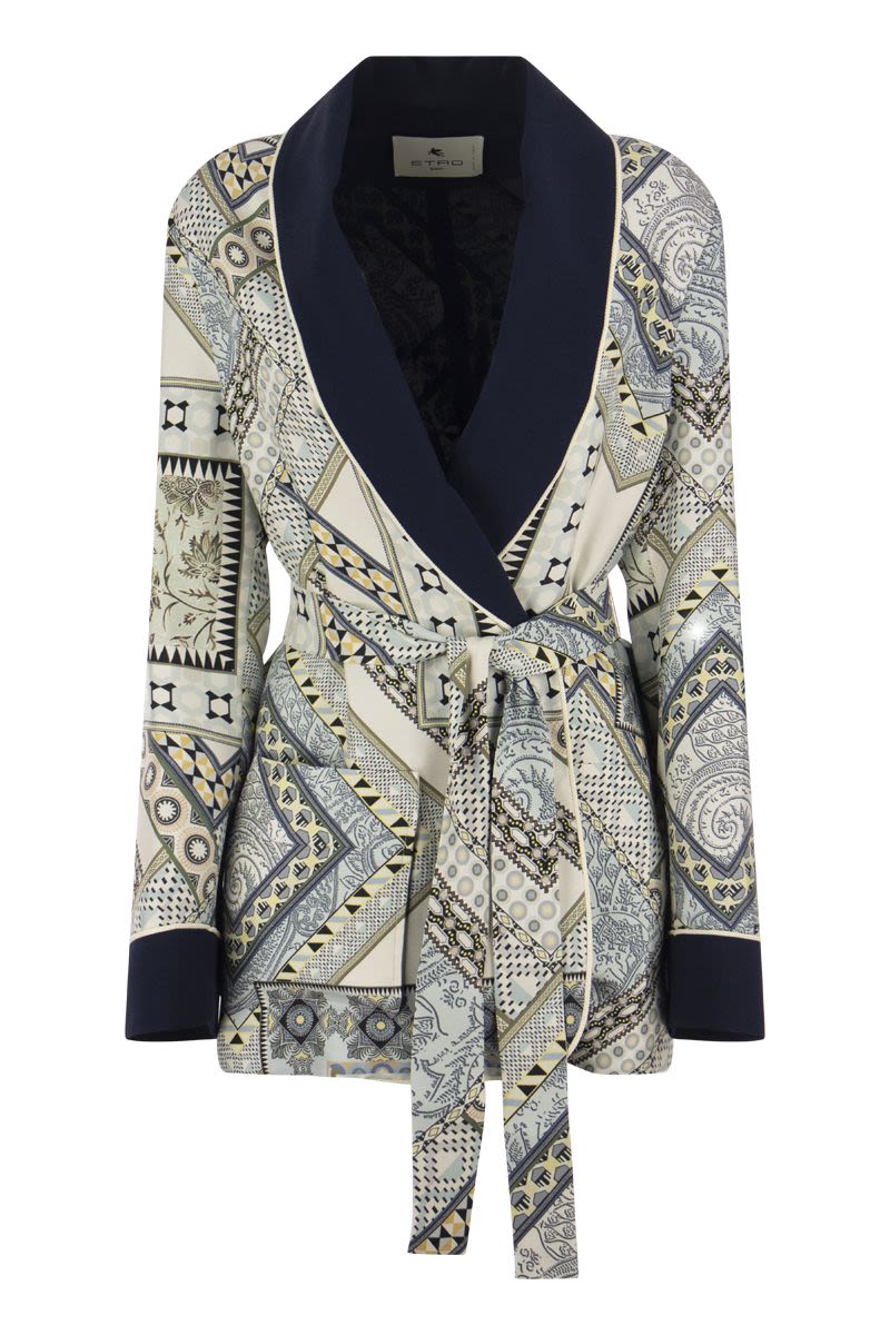 藍色和米色絲綢幾何印花女式長袍外套