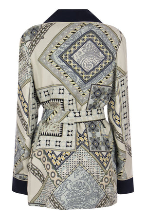 青とベージュのシルクジオメトリックなペイズリーデザインのローブジャケット（女性用）