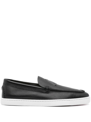 CHRISTIAN LOUBOUTIN Black Leather Varsiboat Loafers for Men - Slip-on Style, Round Toe, Embossed Logo, Signature Red Sole