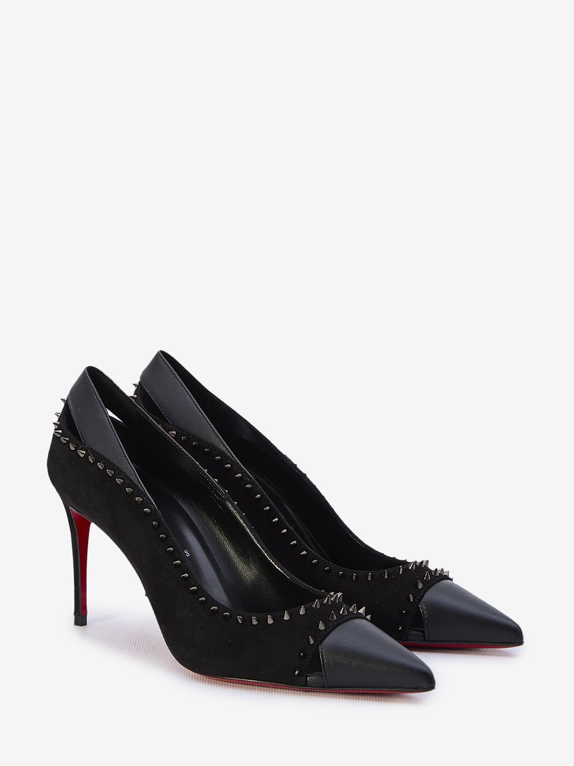 Spike-Strap Leather Pumps with Stiletto Heel and Red Sole for Women - Black