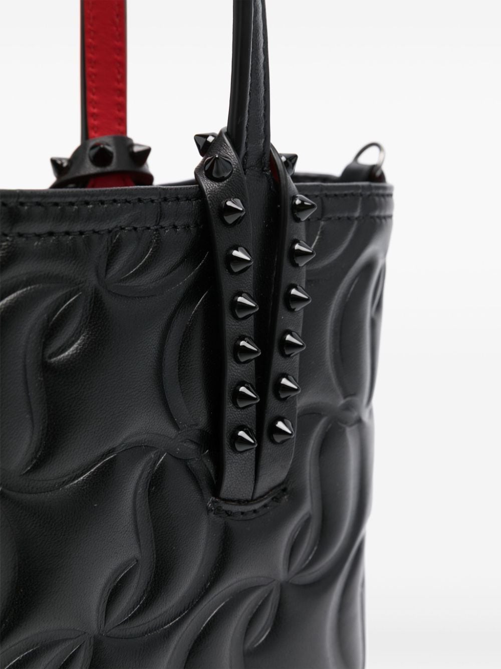 CHRISTIAN LOUBOUTIN Black Nappa Leather Debossed Monogram Handbag with Spike Stud Detailing