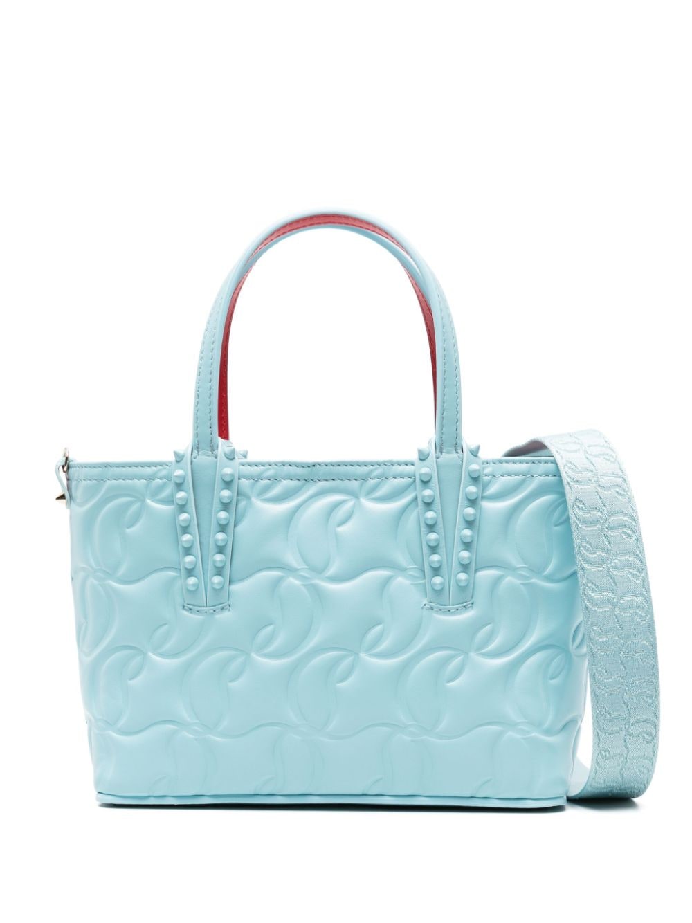 CHRISTIAN LOUBOUTIN Light Blue and Red Leather Handbag with All-Over Debossed Logo and Tonal Spike Stud Detailing