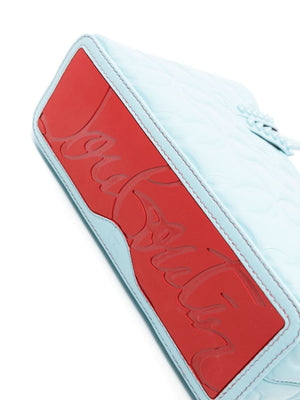 淺藍與紅色全印logo牛皮手提包，附有同色系尖釘細節