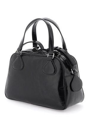 Black Patent Leather Handbag with Double Zip Closure and Adjustable Strap
