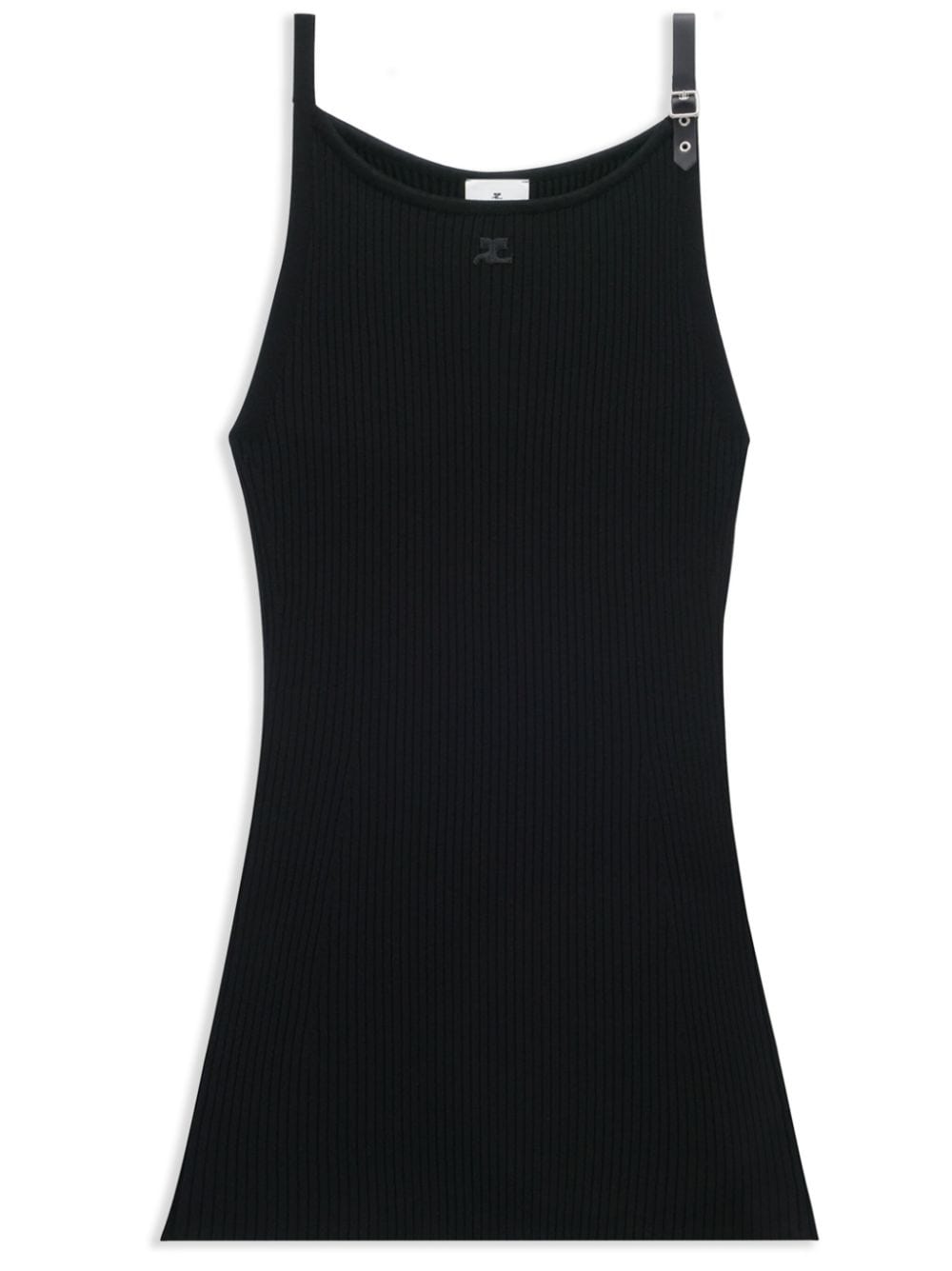 Women's Black Ribbed Knit Dress with Logo Buckle-Strap Fastening