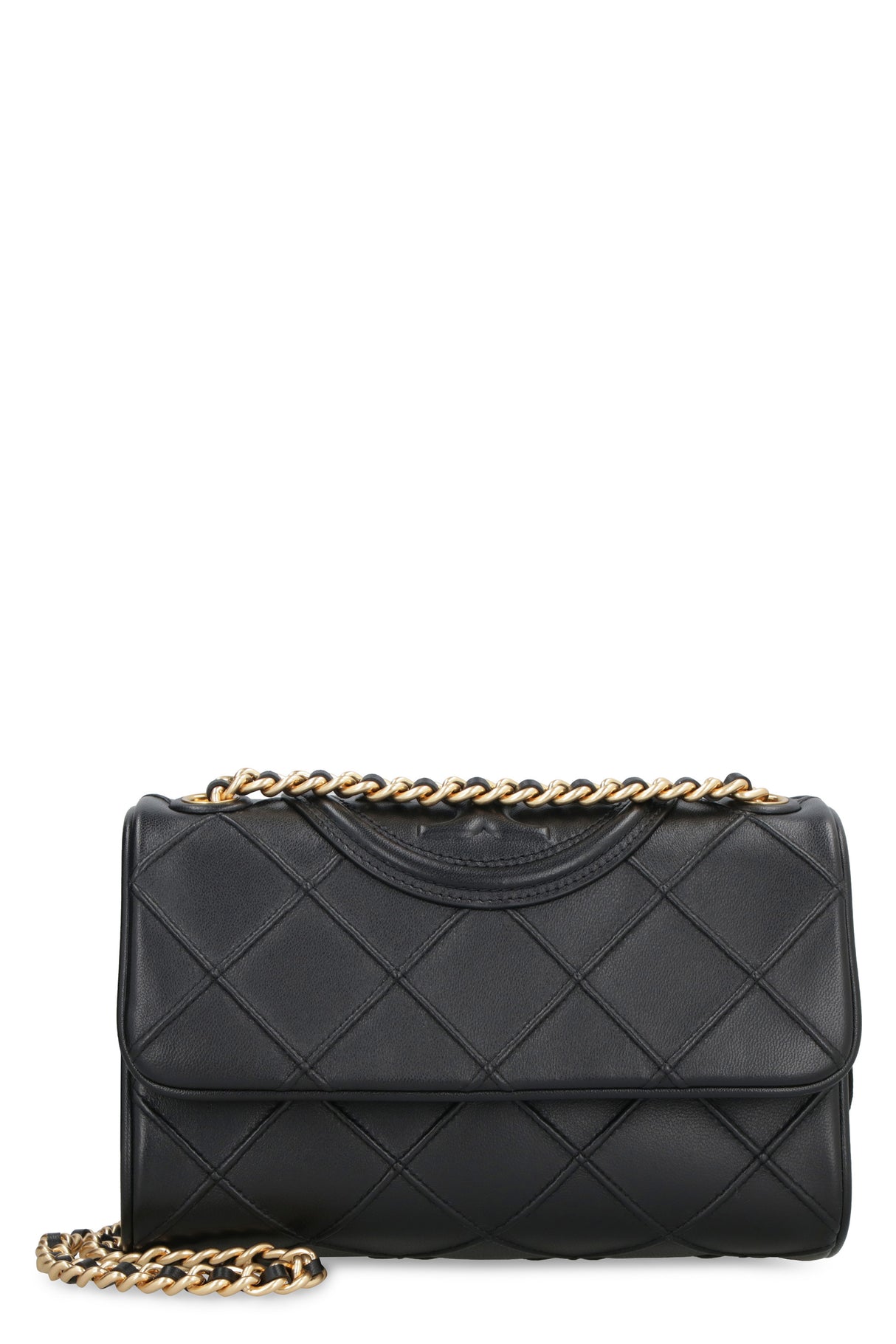 TORY BURCH Mini Fleming Quilted Leather Shoulder Bag in Black with Chain Strap, 16x22x9 cm