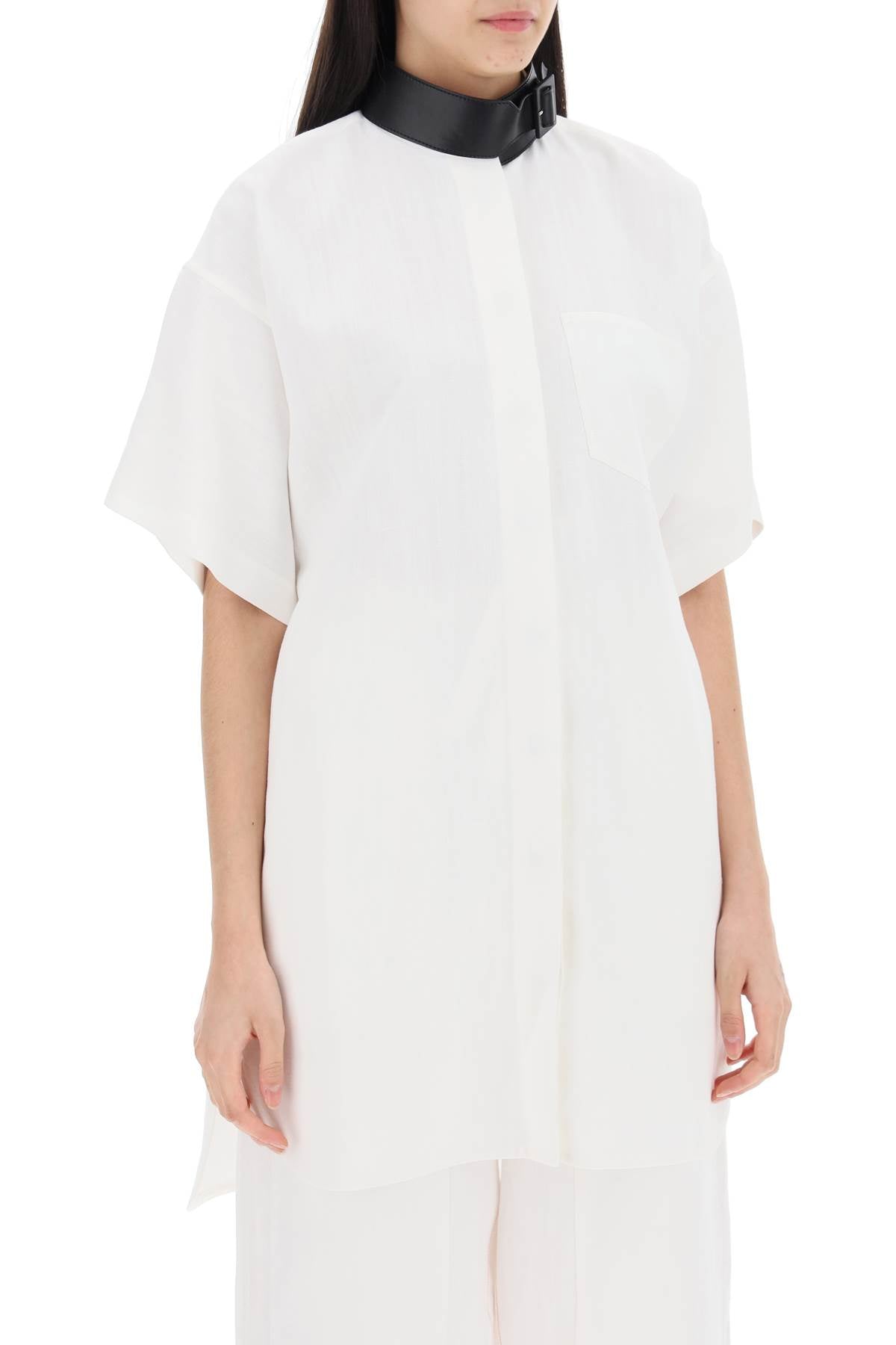 White Midi Chemisier Dress with Faux Leather Strap and Buckle