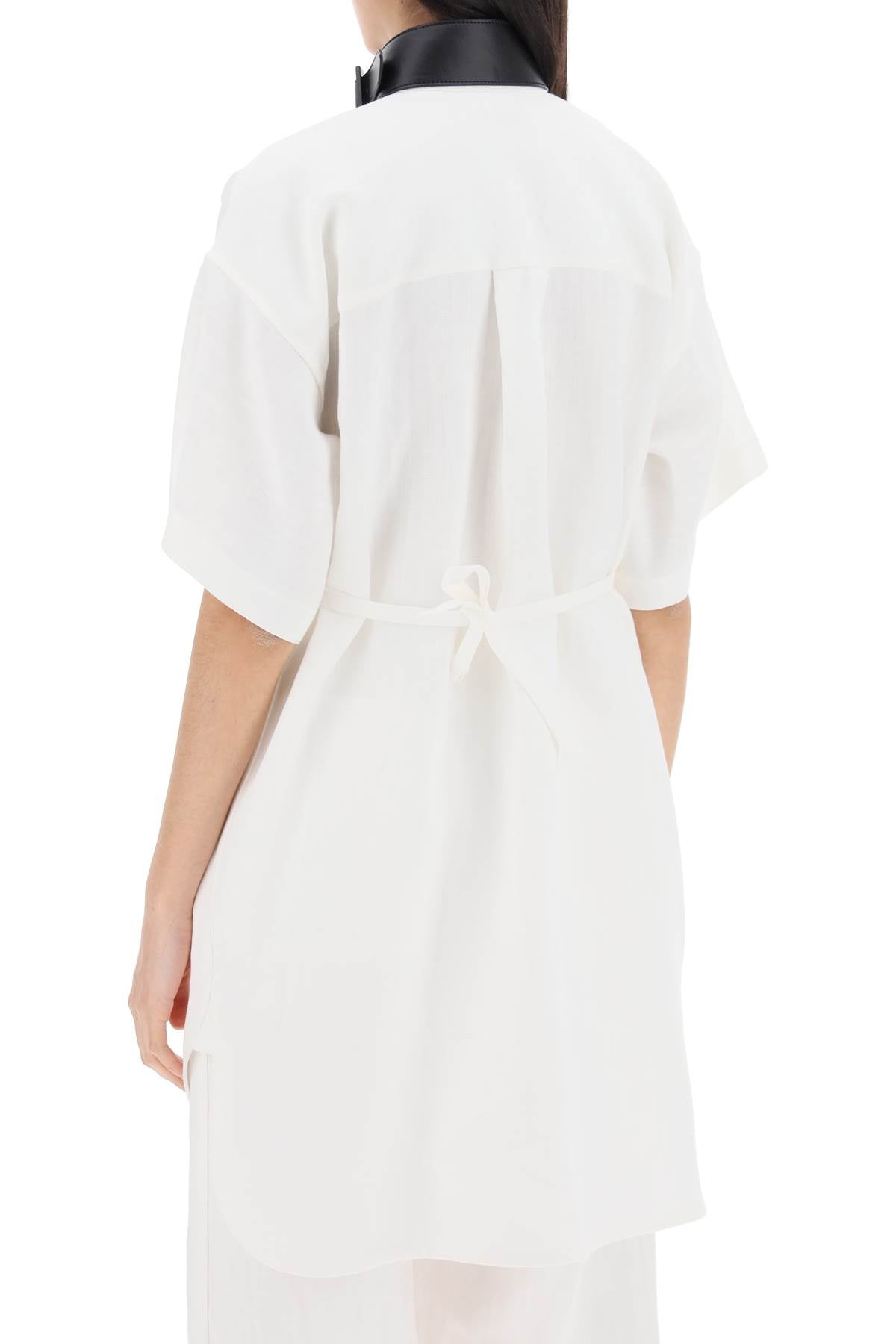 White Midi Chemisier Dress with Faux Leather Strap and Buckle