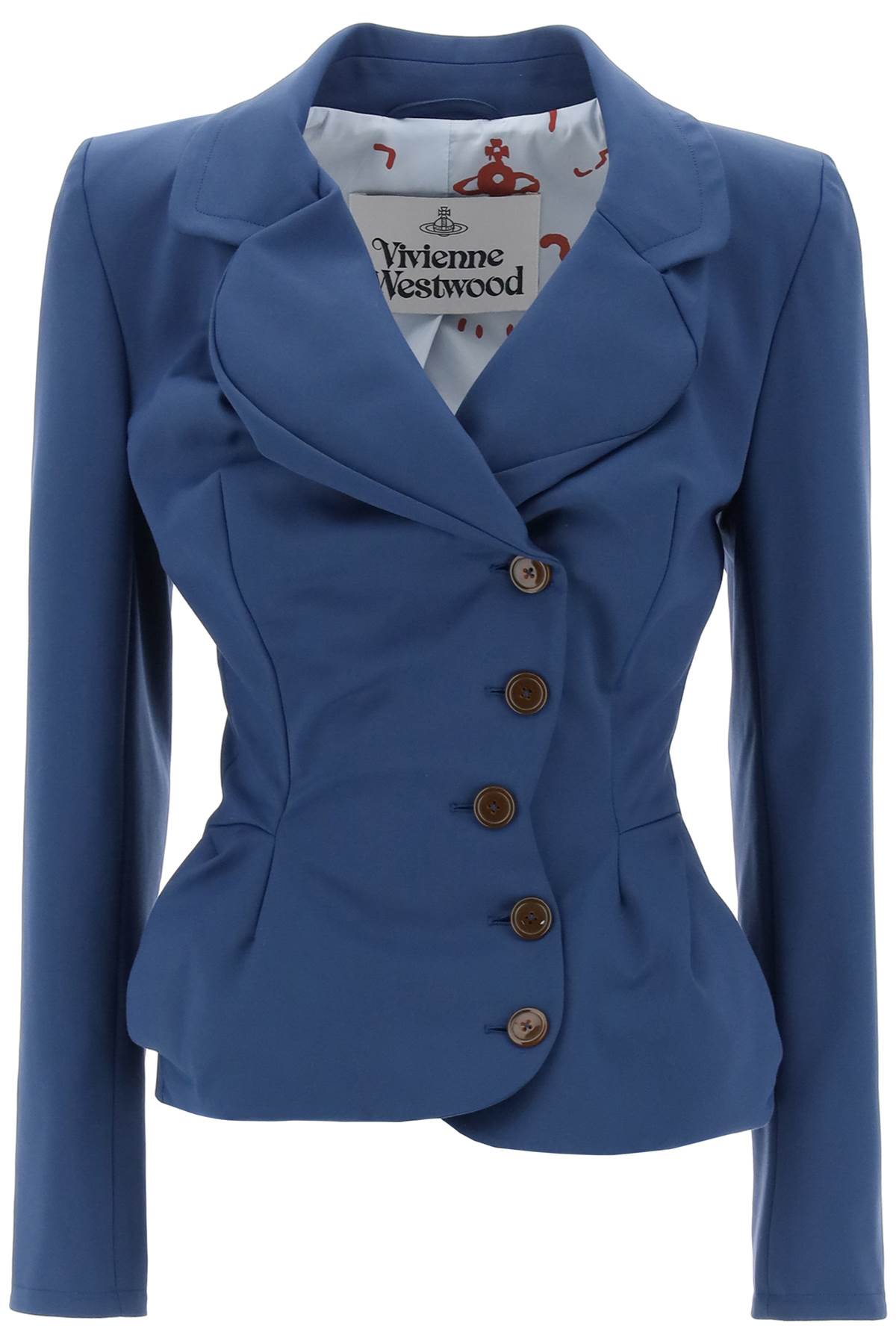 藍色緞面修身女裝不對稱縐摺西裝外套