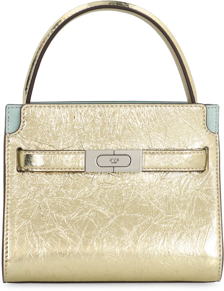 TORY BURCH Mini Lee Radziwill Metallic Gold Leather Handbag with Suede Accents and Silver-Tone Hardware - 19x16x9.5 cm
