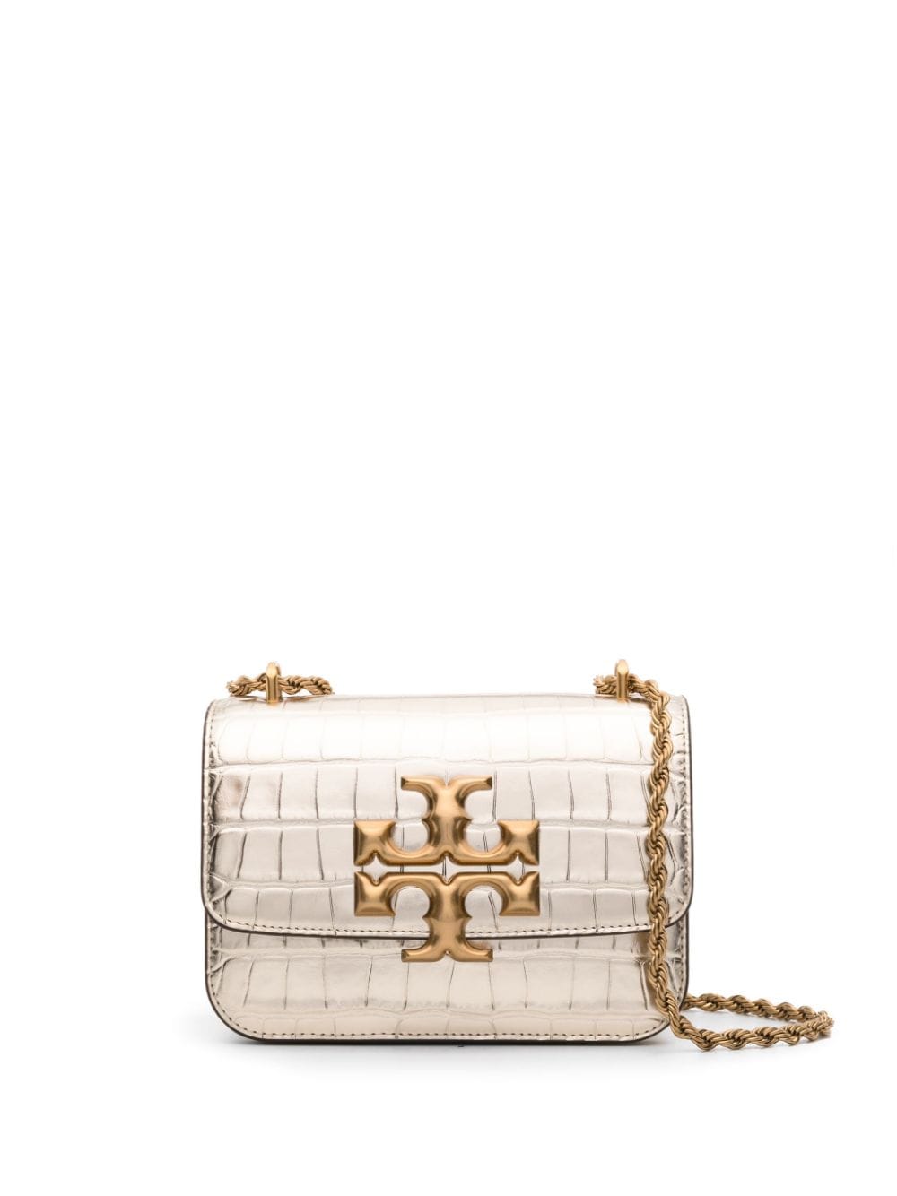 TORY BURCH Eleanor Small Champagne Gold Leather Shoulder Bag with Metallic Crocodile Embossing