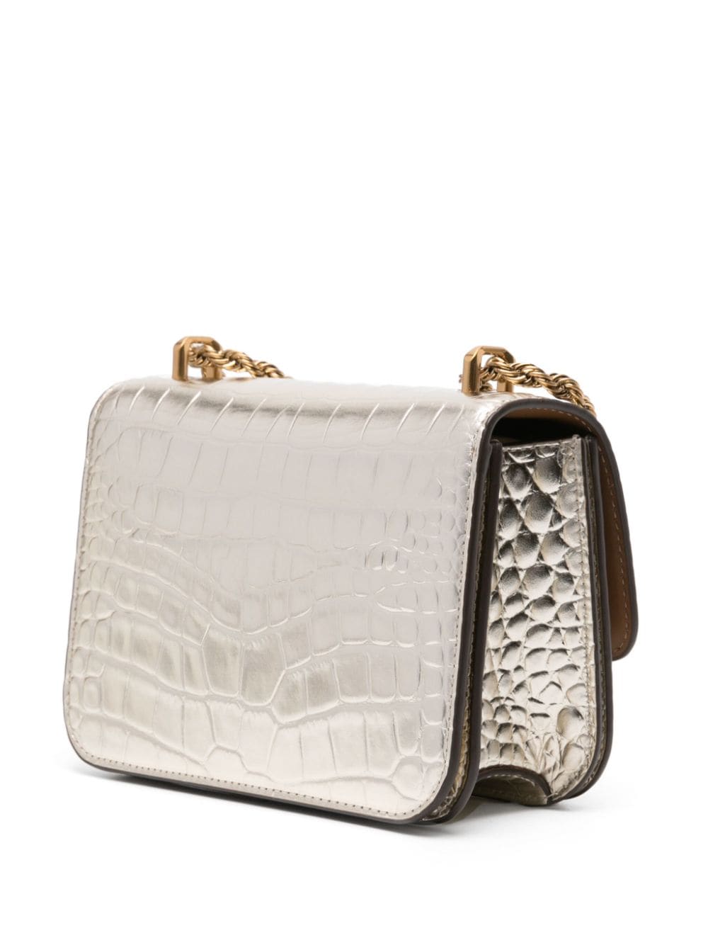 TORY BURCH Eleanor Small Champagne Gold Leather Shoulder Bag with Metallic Crocodile Embossing
