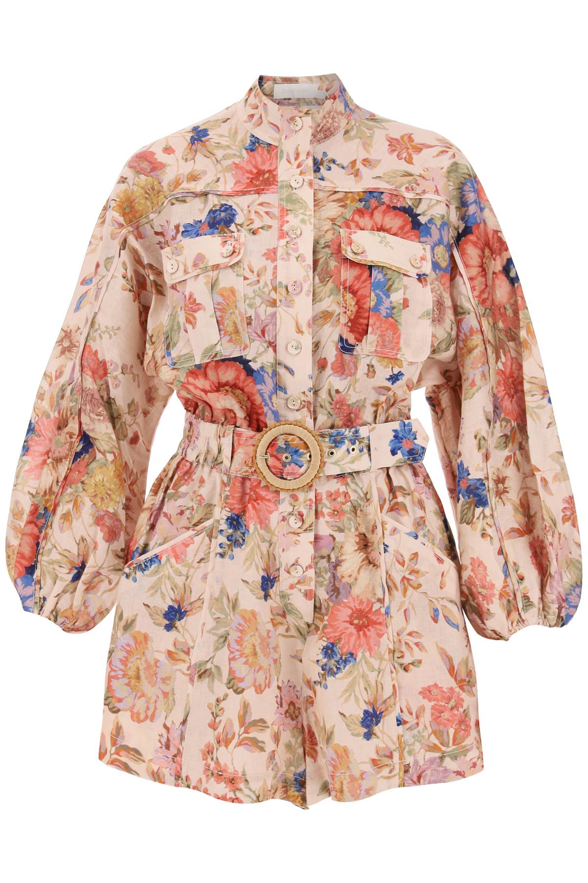 ZIMMERMANN Floral Print Button-Up Linen Playsuit with Dolman Sleeves