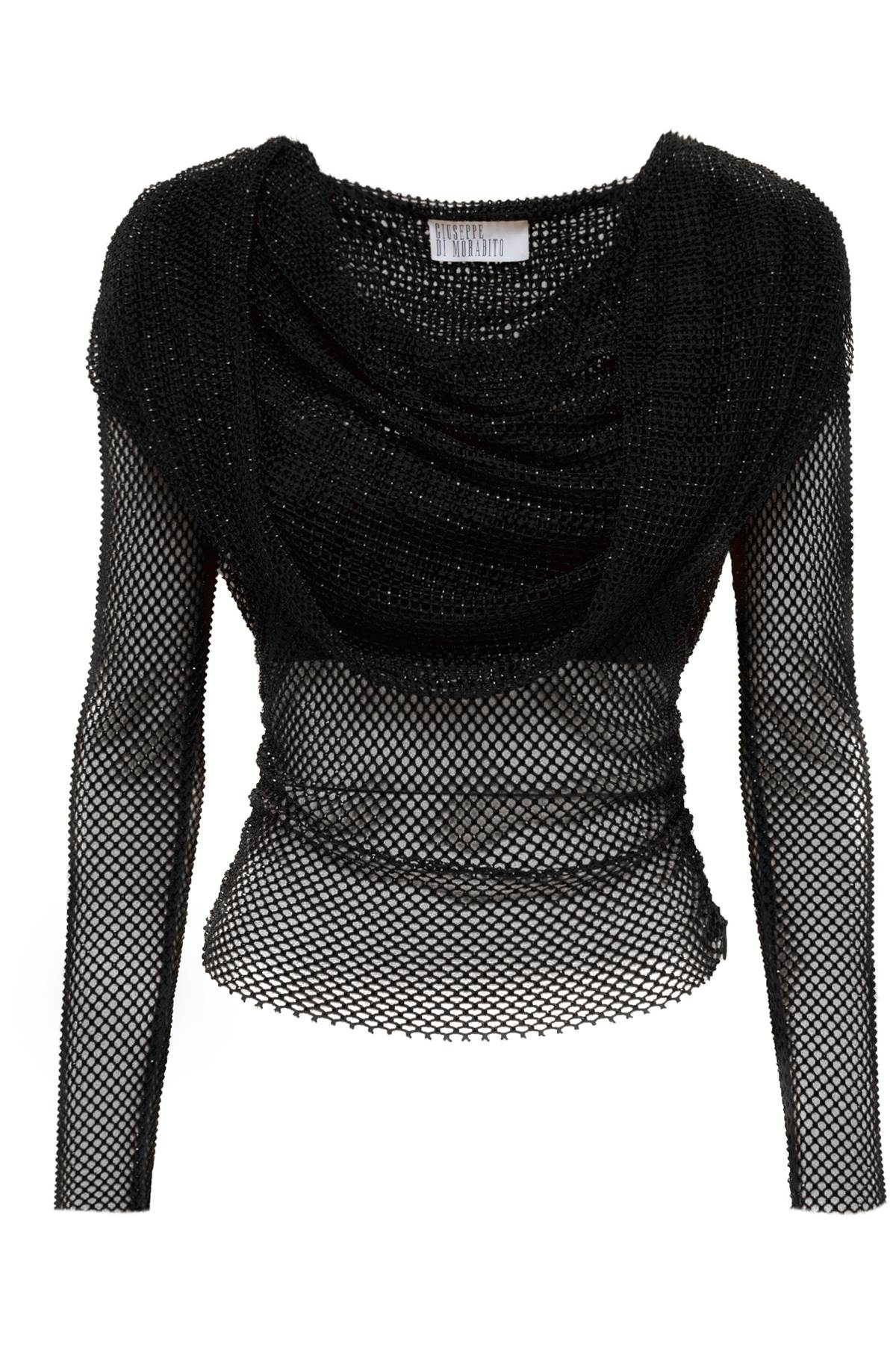 GIUSEPPE DI MORABITO Black Rhinestone Fishnet Hooded Top for Women - FW23 Collection