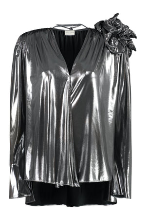 MAGDA BUTRYM Gray Ruffled Blouse with Padded Shoulders and Bow Neck Closure