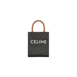 CELINE Mini Vertical Basket Tote in Triomphe Canvas and Calfskin, Brown – 17x20.5x6 cm