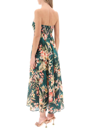 花卉印花亞麻短裙連身裙-綠色多彩彈性方形領