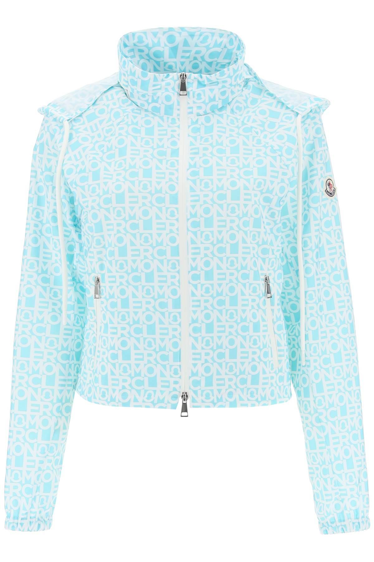 Light Blue Nylon Jacket for Women with All-Over Moncler Print