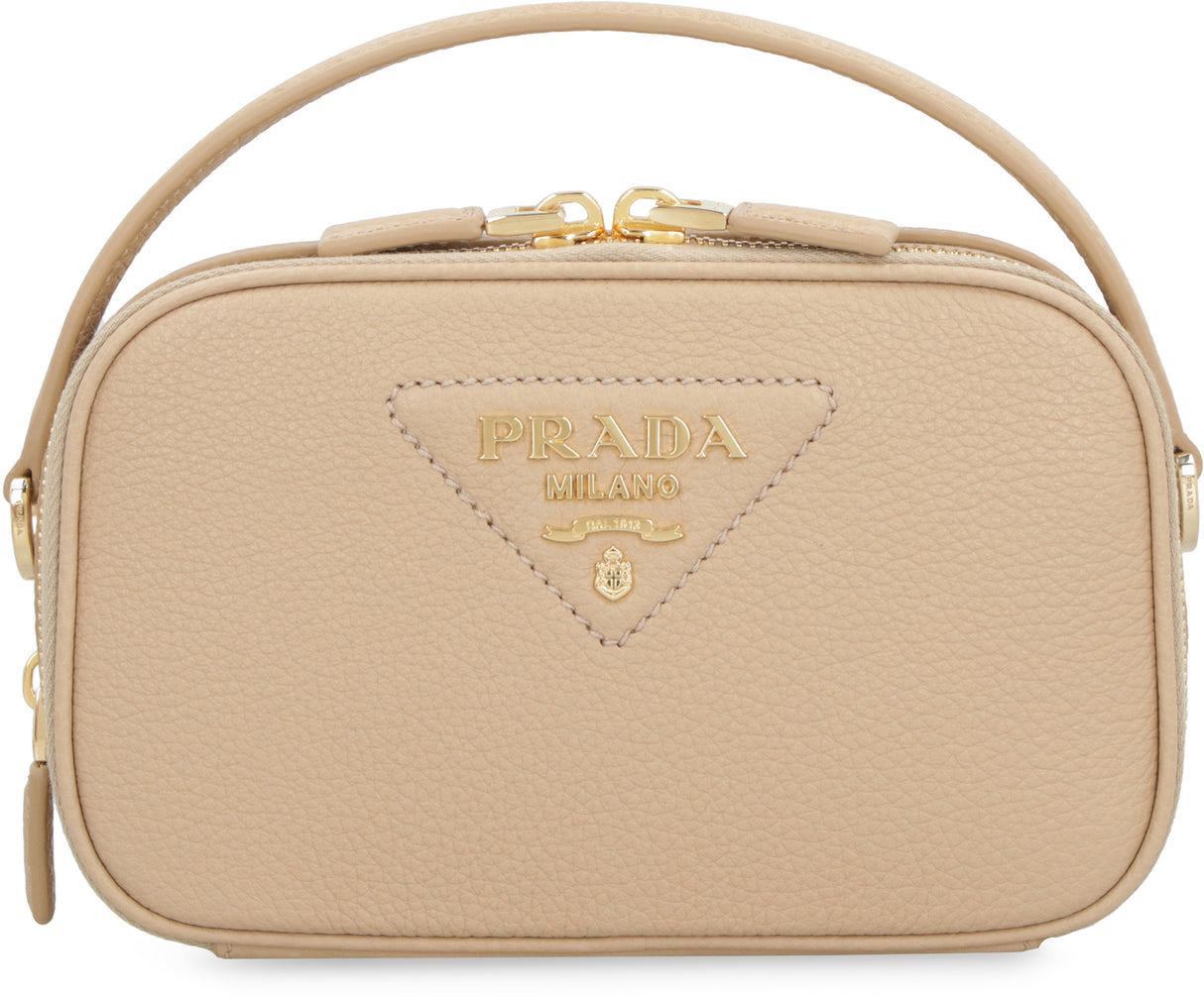 PRADA Mini Pebbled Calfskin Crossbody Handbag with Gold-Tone Accents, Beige - 19cm W x 11.5cm H x 6cm D