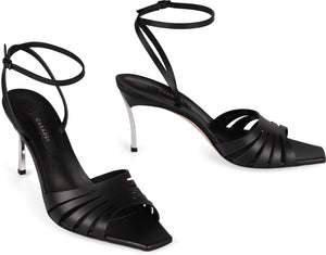 女士黑色真皮方頭涼鞋，可調節腳踝帶 - 2024夏季系列