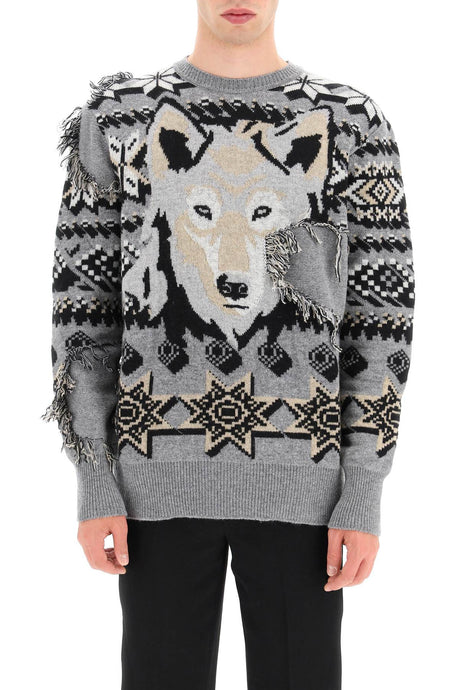 ETRO Men's Wool Jacquard Jumper in Grey with Wolf Embellishment and Geometric Patterns