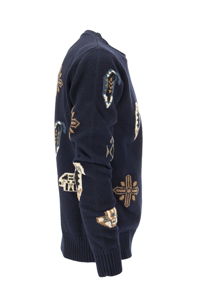 男士羊毛棉款混紡輪廓型圓領毛衣 - 藍色標誌FW21
