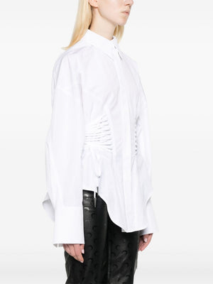 MUGLER White Cotton Pointed Flat Collar Lace-Up Shirt with Long Sleeves