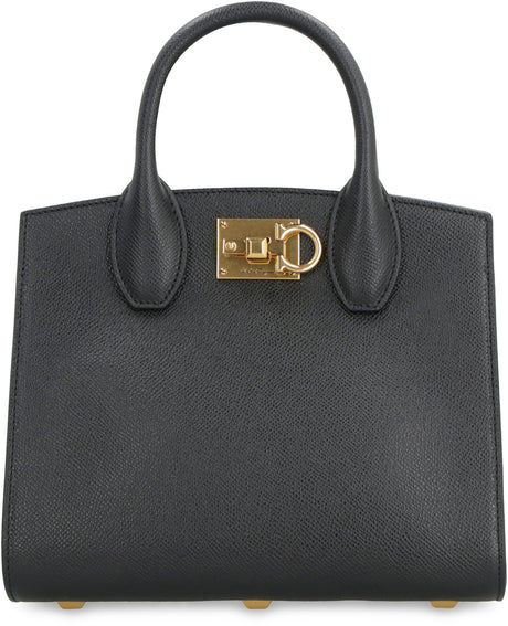 FERRAGAMO Classic Black Mini Leather Handbag with Gold-Tone Hardware and Removable Strap - 22x18 cm