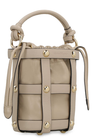 Leather Bucket Handbag with Decorative Studs - Beige