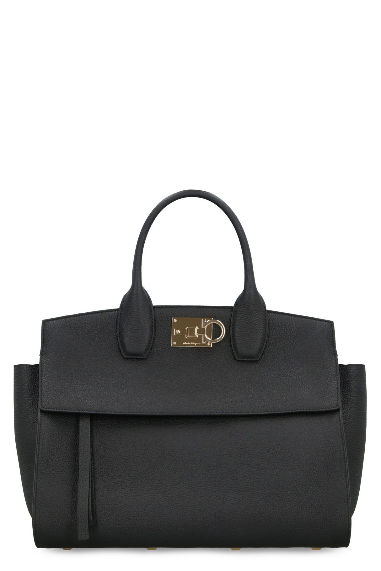 FERRAGAMO Studio Soft Leather Handbag - Black Calfskin, Gold-Tone Hardware, Adjustable Strap