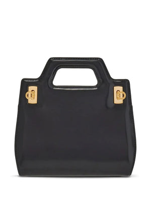 FERRAGAMO Black Calf Leather Mini Tote Handbag with Top Handle for Women SS24
