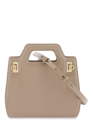 FERRAGAMO Tan Mini Geometric Leather Handbag with Gancini Closure and Gold Accents