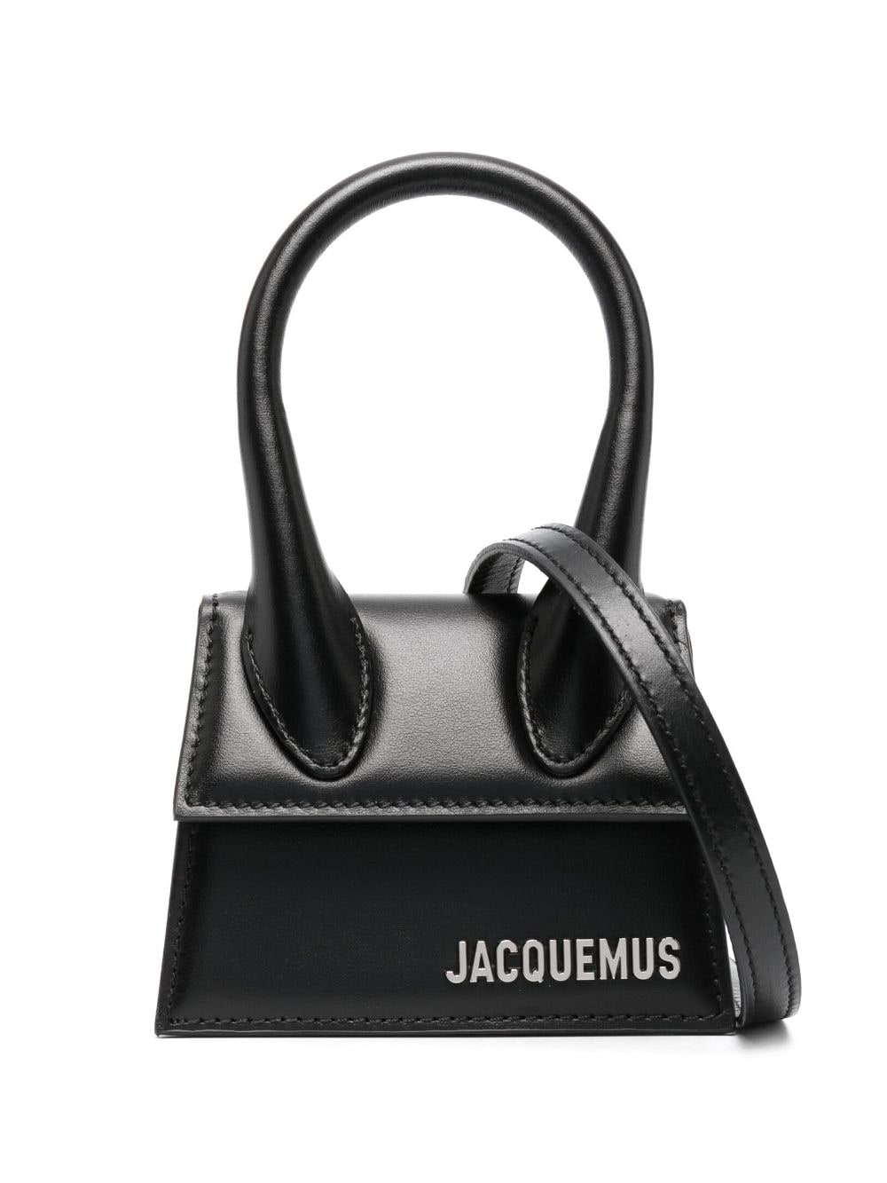 JACQUEMUS Black Mini Leather Handbag with Adjustable Strap and Silver-Tone Accents