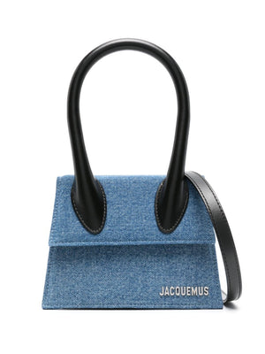 Indigo Blue Cotton Denim Handbag for Women with Silver-Tone Logo and Adjustable Shoulder Strap