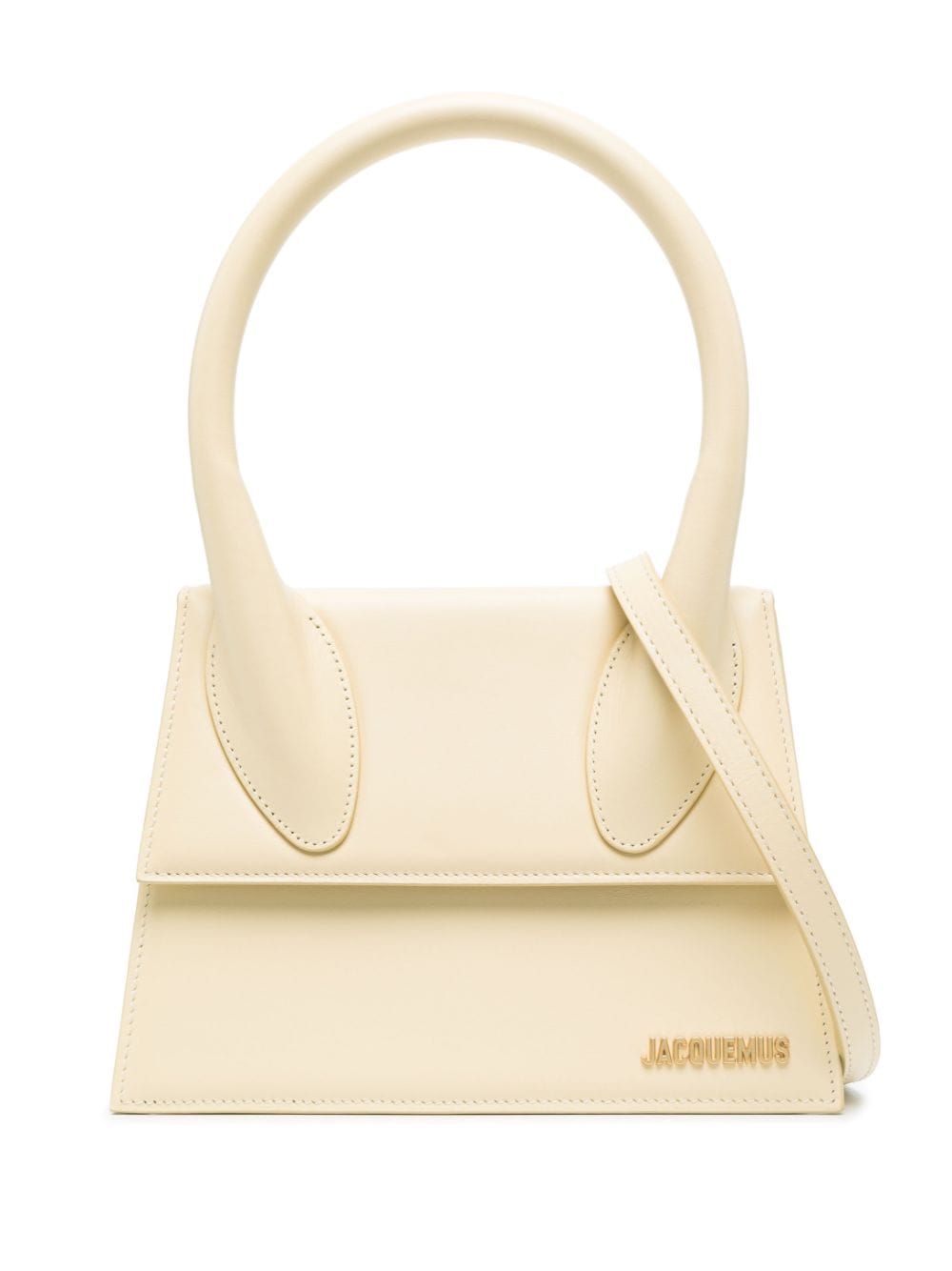 JACQUEMUS Ivory White Leather Tote Handbag with Gold-Tone Logo and Detachable Strap