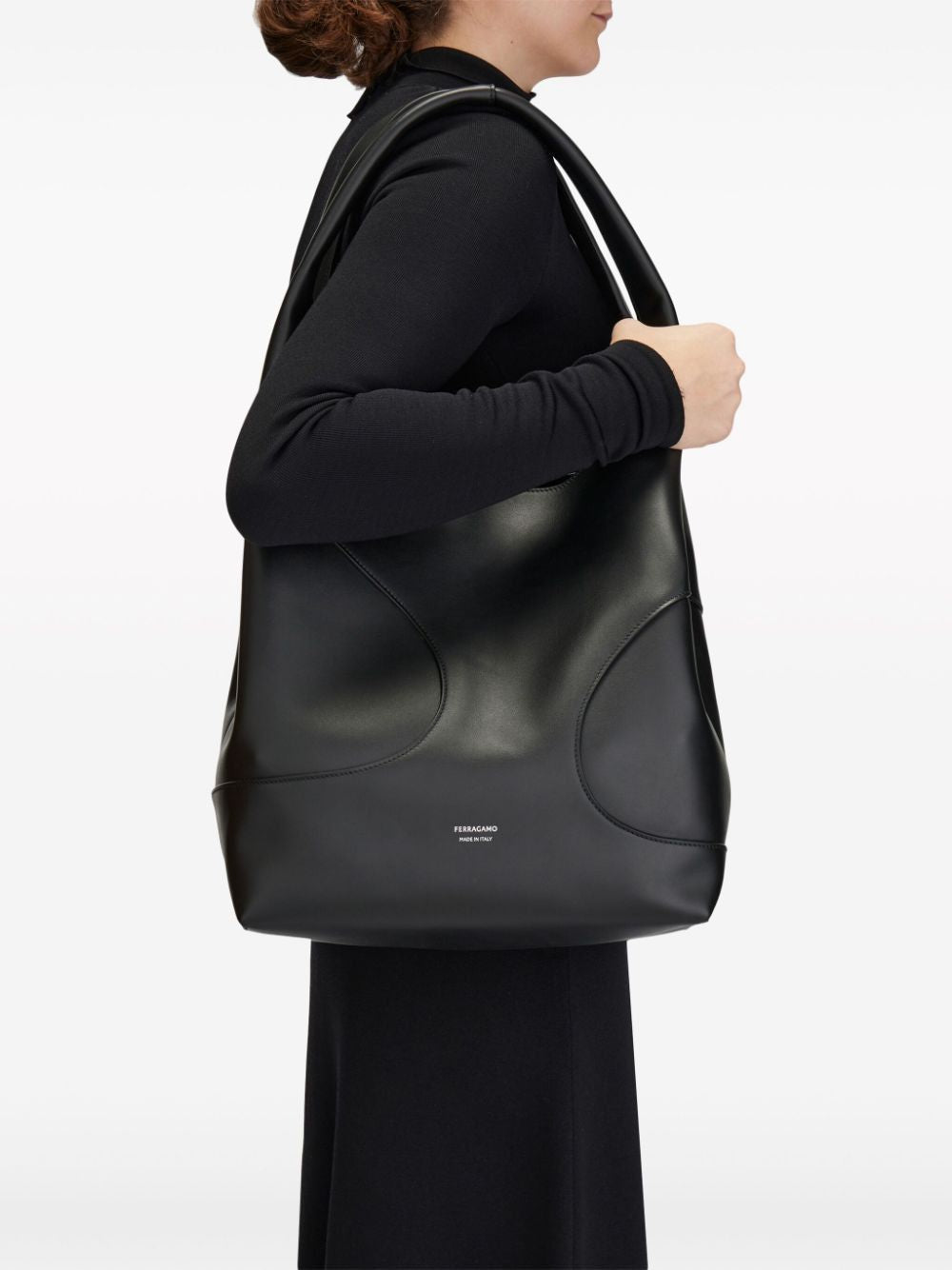 FERRAGAMO Black Cutout Leather Tote Handbag for Women