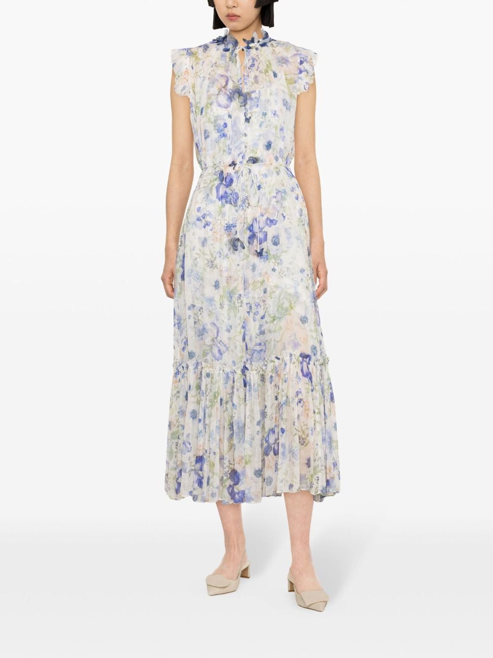Blue Floral Print Midi Dress for Women