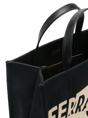 FERRAGAMO Elegant Black Canvas Small Tote Handbag for Women FW24