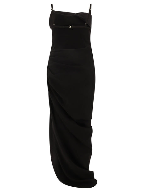 女士黑色斜纹修身连衣裙，可调节肩带和敞开背部设计