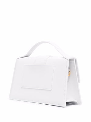 JACQUEMUS White Leather Handbag with Magnetic Flap Closure, Internal and Back Pockets, and Adjustable Shoulder Strap