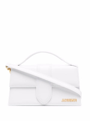 JACQUEMUS White Leather Handbag with Magnetic Flap Closure, Internal and Back Pockets, and Adjustable Shoulder Strap
