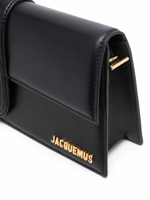 JACQUEMUS Black Leather Long Mini Shoulder Handbag with Gold-Tone Accents