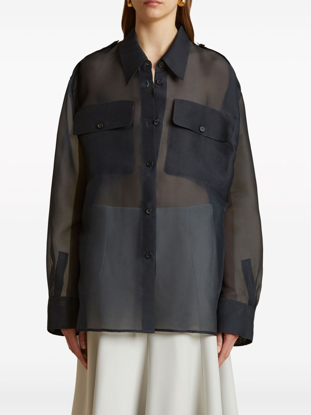 Semi-Sheer Black Silk Shirt with Epaulettes and Front Button Fastening